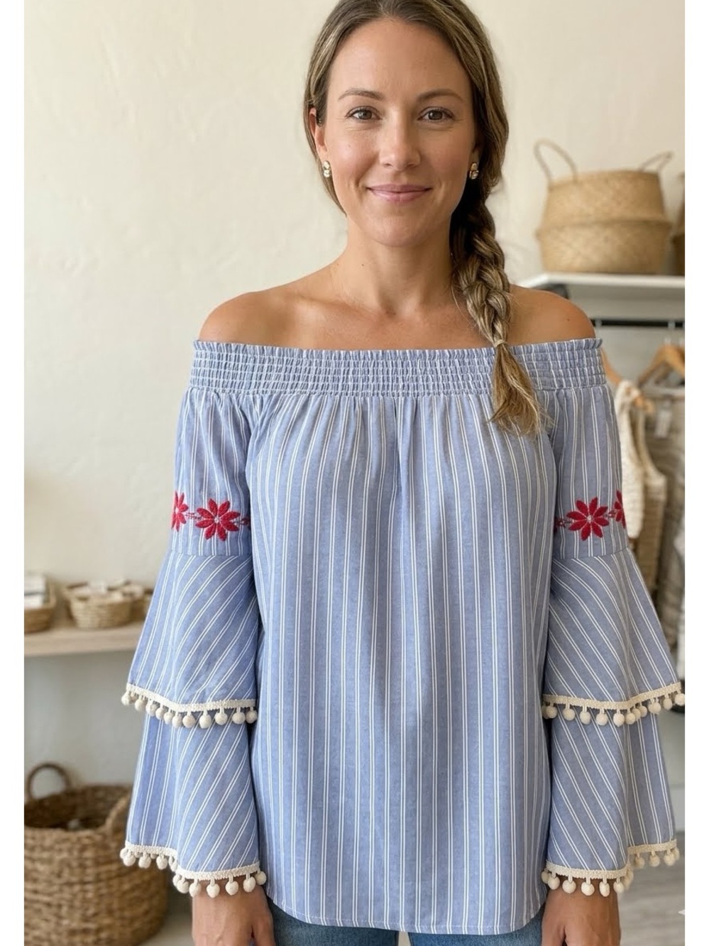 NWT Andree by Unit Off the Shoulder Pom Pom Detail Top Size S Coastal Boho
